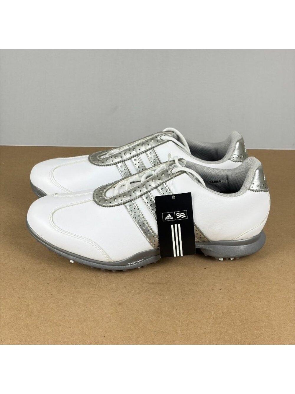 Adidas Driver Val S Golf Shoes Womens 8 Faux Leather White Silver Lace Up Spiked